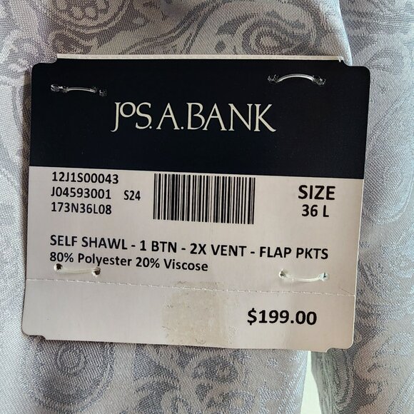 36L Dinner Jacket Silver Gray Shawl Lapel Skinny Fit Long New Jos A Bank Paisley - Picture 4 of 17